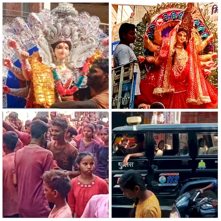 ढोल नगाड़े रंग गुलाल के साथ भक्तों ने मां आदि शक्ति को दी विदाई